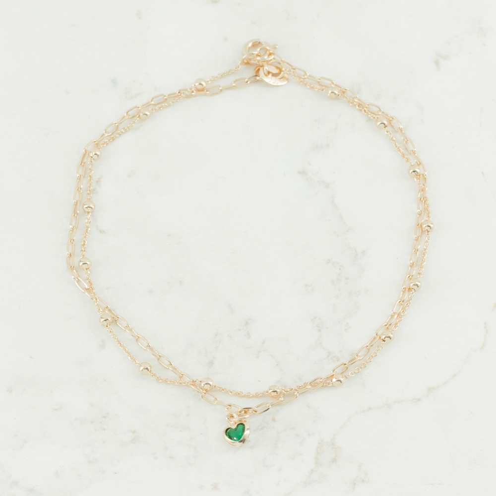 TOBILLERA BOLITAS CORAZON ESMERALDA